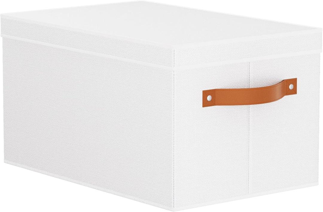 Fabric Storage Bins, 7.1 x 9.1 x 13 Inch Clothes Boxes for Shelves with Lids, Baskets for Organizing with Handles, Decorative Linen Closet Organizers, White, 1 Pack