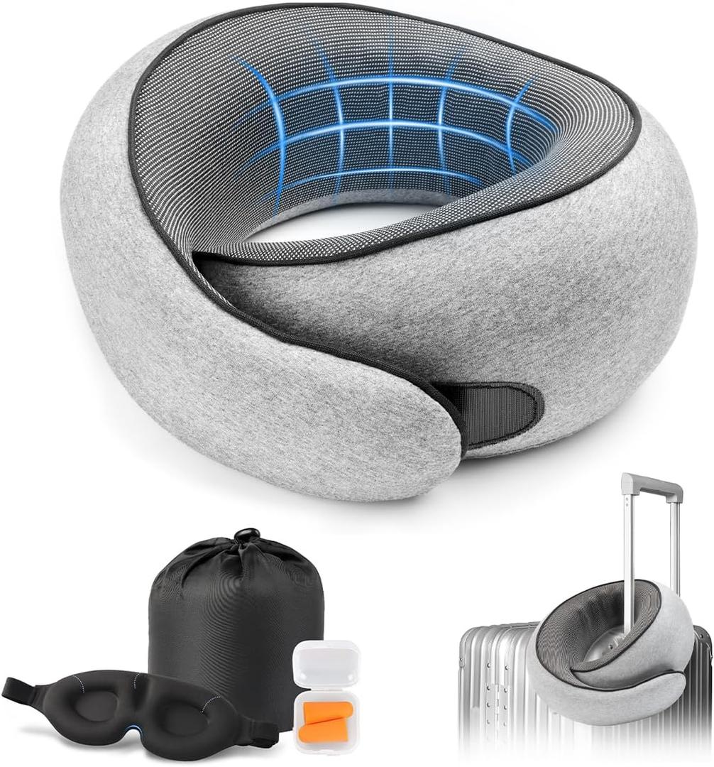 Purroch Travel Neck Pillow with 100% Pure Memory Foam, GShape, Includes Eye Mask & Ear Plugs, Ergonomic Design for Airplane, Car & Office, etc, Beige Gray