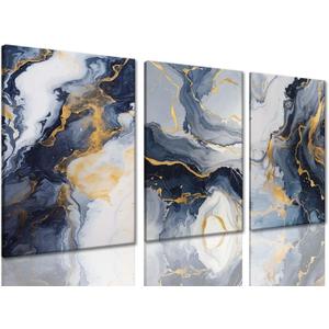 ZQARTZZQ 3Pcs Modern Abstract Canvas Framed Wall ArtNavy Blue and Gold Wall Art Decor Posters Prints For Living Room Bedroom Bathroom Office 12x16in