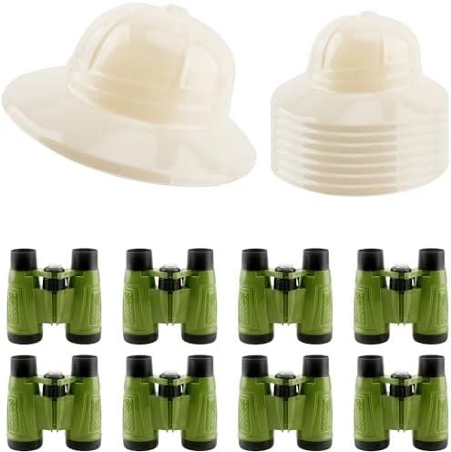 Puteraya 8 Pcs Kids Safari Party Favors Kit 8 Explorer Hats 8 Plastic Binoculars Toys for Boys Girls Jungle Pretend Play Bird Watching Costume Dress Up Gifts