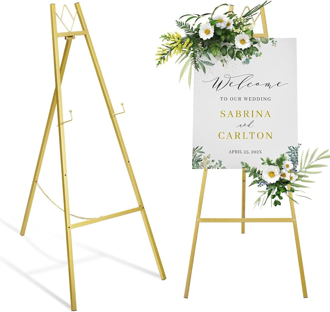 GRENTY Gold Easel Stand for Wedding Sign, No Assembly Required, Metal Artist Easels for Display, Heavy Duty Welcome Poster Stands for Party, Painting