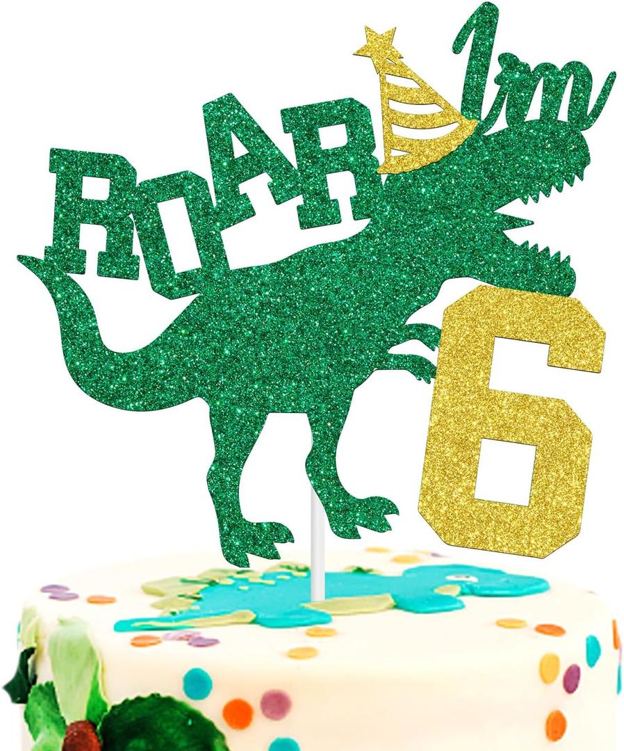 Roar I'm 6 Cake Topper, Dinosaur Jungle Safari Cake Topper for Boys Girls, Happy 6th Birthday Party Decorations Supplies for Kids, Gold and Green Glitter