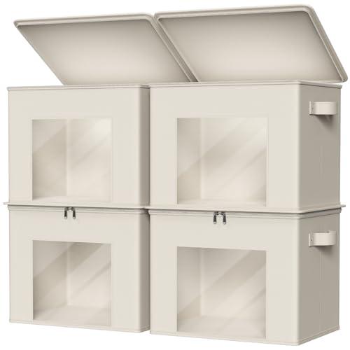 Zilink Fabric Storage Bins with Lid 4-Pack Stackable Cloth Storage Bins Sweater Organizer with Zipper & Clear Window Closet Organizers and Storage Box for Home, Office, Bedroom (Beige,17" x 12" x 12")