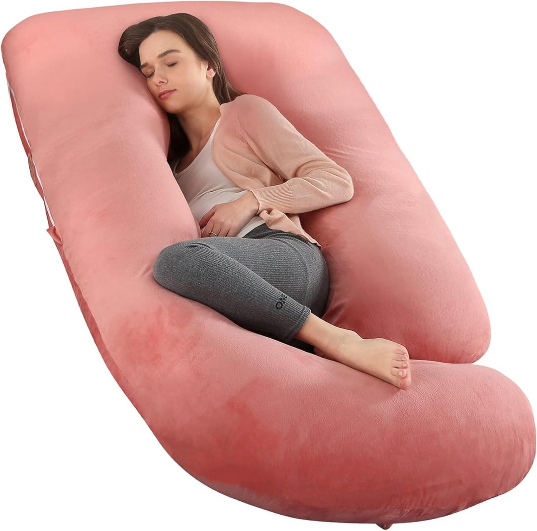 Elover Pregnancy Pillow U-Shaped Full Body Maternity Support Pillow for Pregnant Women with Replaceable and Washable Velvet Cover Size 60" (Velvet, Pink)