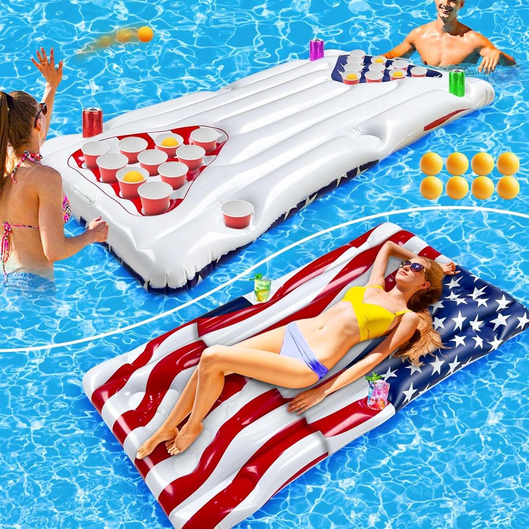 2 in 1 American Flag Pool Float & Pong Game Table with 8 Balls, 6x3 Ft Patriotic Inflatable Lounger for 4th of July Pool Parties, Summer Water Games and Adult Backyard BBQ Pool Party ((No Include Cup)
