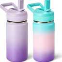Fijinhom 12 oz Toddler Bottle, 2 Pack Kids Water Bottle for School Boys & Girls with Straws Lids, 304 Stainless Steel Vacuum Insulated Thermos, BPA-Free, Aurora + Gradient Purple