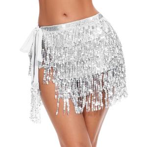 Ammiko Sequin Skirt Fringe Wrap Skirts Sparkly Belly Dance Hip Scarf Tassel Skirt Party Rave Costume for Women Girls, One Size