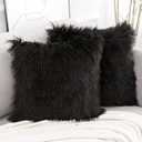 WLNUI Black Faux Fur Throw Pillow Covers 18x18 Inch Set of 2, Luxury Fluffy Shaggy Plush Cushion Cases for Couch Sofa Bed Living Room Decor, Soft Fuzzy Pillow Covers with Hidden Zipper