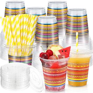 Jingmore 50 Pack 12 oz Fiesta Plastic Cups with Lids and Paper Straws Mexican Clear Disposable Cups Bulk Cinco De Mayo Party Decorations for Fiesta Taco Birthday Party Drinkware Supplies