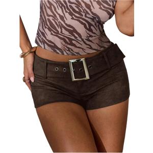 Floerns Women's Y2k Leather Mini Shorts Low Rise Buckle Belt Skinny Night Out Short Pants (Coffee Brown)