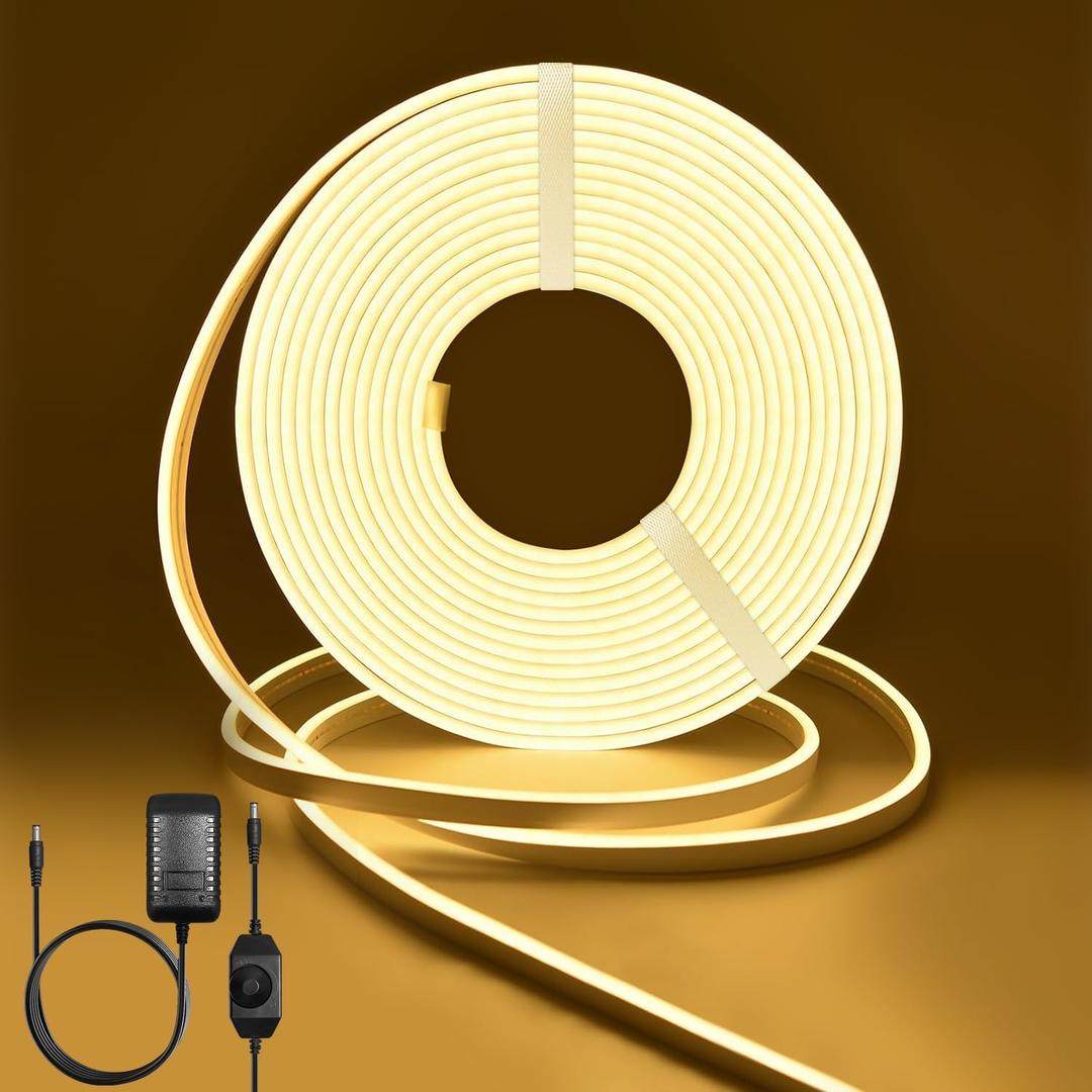 MMEEVT Neon Light Strips, Warm White Dimmable LED Strip Lights, 16.4ft/5m Flexible Waterproof LED Neon Rope Lights DIY LED Strip Lights for Gaming Bedroom Outdoor Decor (Power Adapter Included)