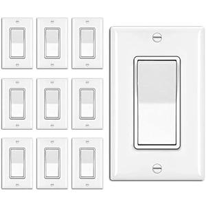 BESTTEN 10 Pack 3-Way Decorator Wall Light Switch with Wallplate, 15A 120V/277V, Single Pole or Three Way, On/Off Paddle Rocker Interrupter, UL Listed, White