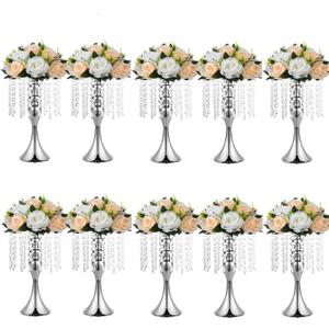10pcs Silver Vases for Centerpieces Crystal Tabletop Metal Flower Vase Stand for Anniversary Ceremony Party Birthday Event Home Decorations