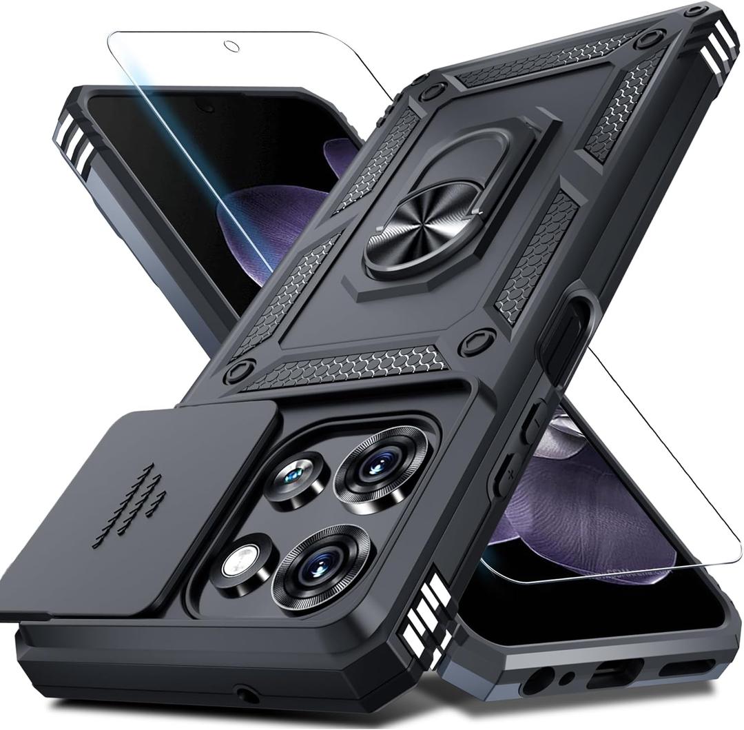 Janmitta for Moto G 2026/2025 Case,Moto G Play 2026 Case Built in Slide Camera Lens Cover+Screen Protector+Finger Ring Holder Kickstand,Heavy Duty Shockproof Full Body Protective Phone Cover,Black