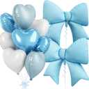 Blue White Heart Balloons, Blue Bow Balloons, 10 Pcs 18 Inch Heart Shaped Balloon and 38 Inch Helium Bow Foil Balloon for Baby Shower Birthday Party Wedding Bridal Engagement Anniversary Party Decor
