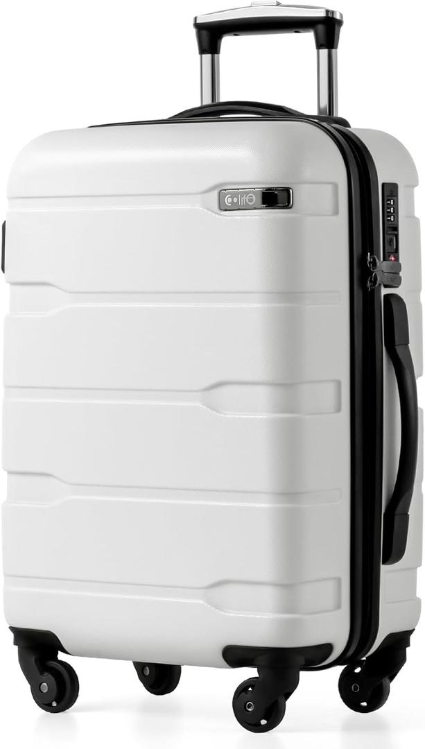 Coolife Carry On Luggage 22x14x9 Airline Approved Hardside PC+ABS Suitcase with TSA Lock, Lightweight Rolling Travel Luggage with Spinner Wheels(White, 20in)