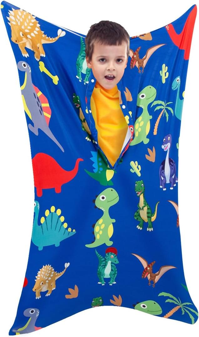 Sensory Body Sock for Kids, Full Body Sock Wrap for Autistic Children to Relieve Stress, Relaxing Sensory Sack for Kids Sensory Processing Disorder for Kids 6-9 (Medium, Dinosaur (Blue))