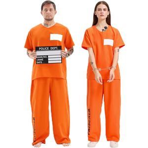 WooWee Prisoner Costume Men Women – Orange Jumpsuit with Handcuffs, Mug Shot Sign & Number Stickers, Inmate Costume for Adults Halloween Outfit, Small