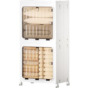 JEKO&JEKO 214 Qt Expanded Bathroom Storage Cabinet, 2-Tier Tall Cabinet Organizer with Wheels, Foldable Plastic Storage Bin for Kitchen, Laundry Room or Home, White
