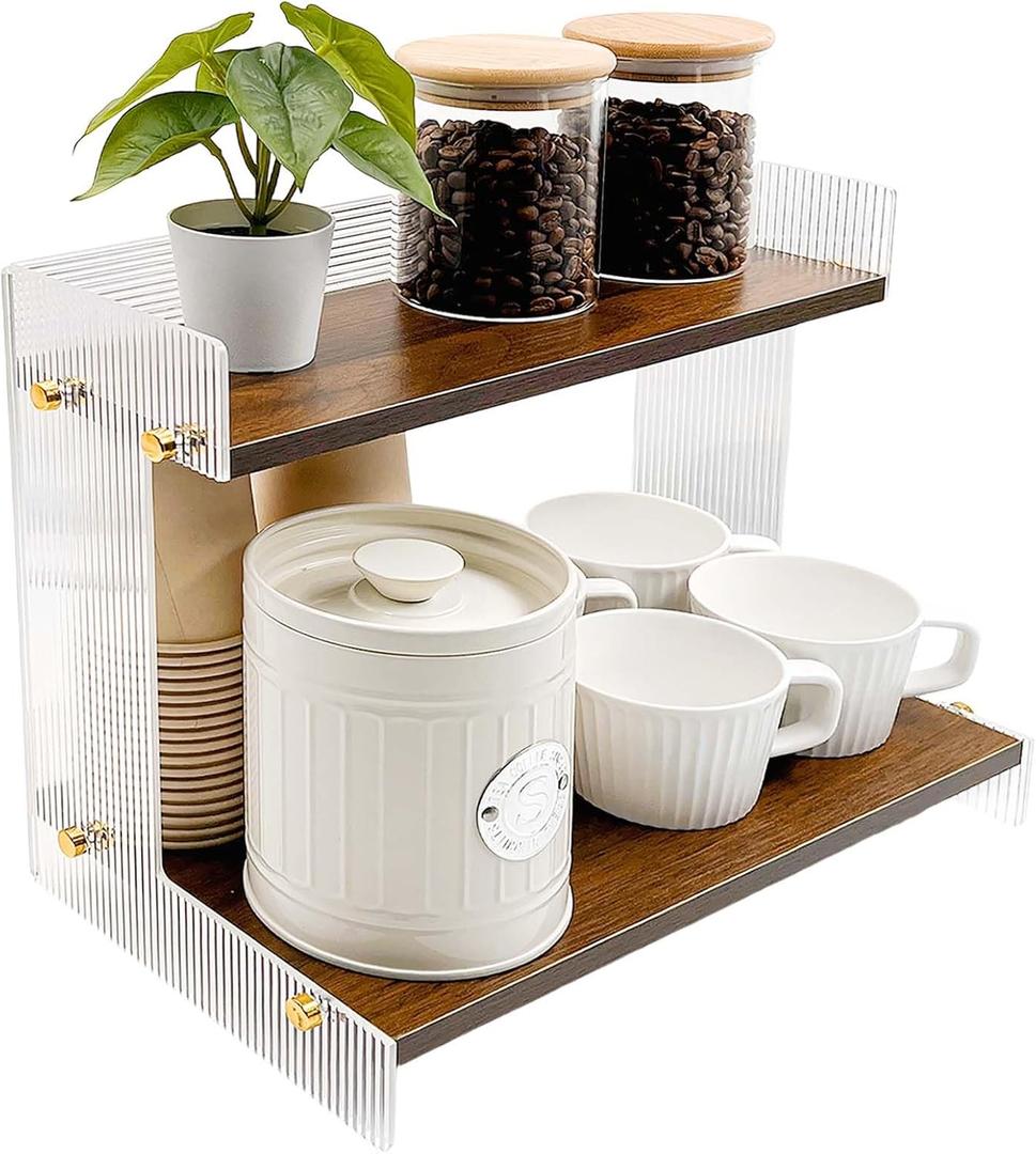 SNAIL GARDEN Acrylic & Wood Coffee Station Organizer with Raised Edges, 2-Tier Coffee Bar Organizer with Sturdy Flat Base, Premium Walnut Finish for Kitchen Countertop Storage
