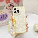 Lovmooful Compatible for iPhone 15 Pro Max Case Clear Cute Bowknot Wave Border Design with Flower Bow Chain for Girls Women Soft TPU Shockproof Protective Girly for iPhone 15 Pro Max-Yellow