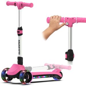 ELECOSMOS Safe Electric Scooter for Kids 4+, Balance for Beginner, Thumb Throttle, Flash Deck, Extra Wide Light Up Big Wheels, Adjustable Heights, 5 MPH Safe Speed, Pink