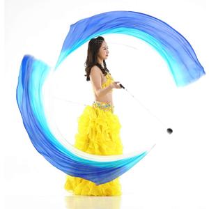 2Pcs Silk Veil + 2Pcs Poi Chain Ball Women Belly Dance Poi Streamer Throw Ball Stage Props (Gradual Blue)