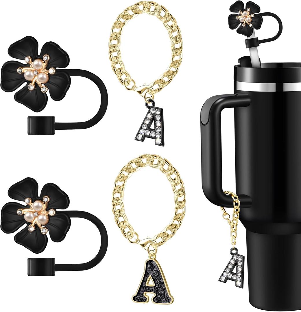 Straw Covers for Stanley Cup Accessories: Black Decorations for Stanley 30 oz & 40 oz Tumbler with Handle, Bling Letter Charms and Flower Silicone Straw Cap Topper, Trendy Stuff for Teen Girls & Women, Set of 3
