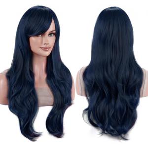 IMISSU 28 Inch/70cm Long Hair Water Wavy Wigs with Bangs Cosplay Costume Wig (Dark Blue)