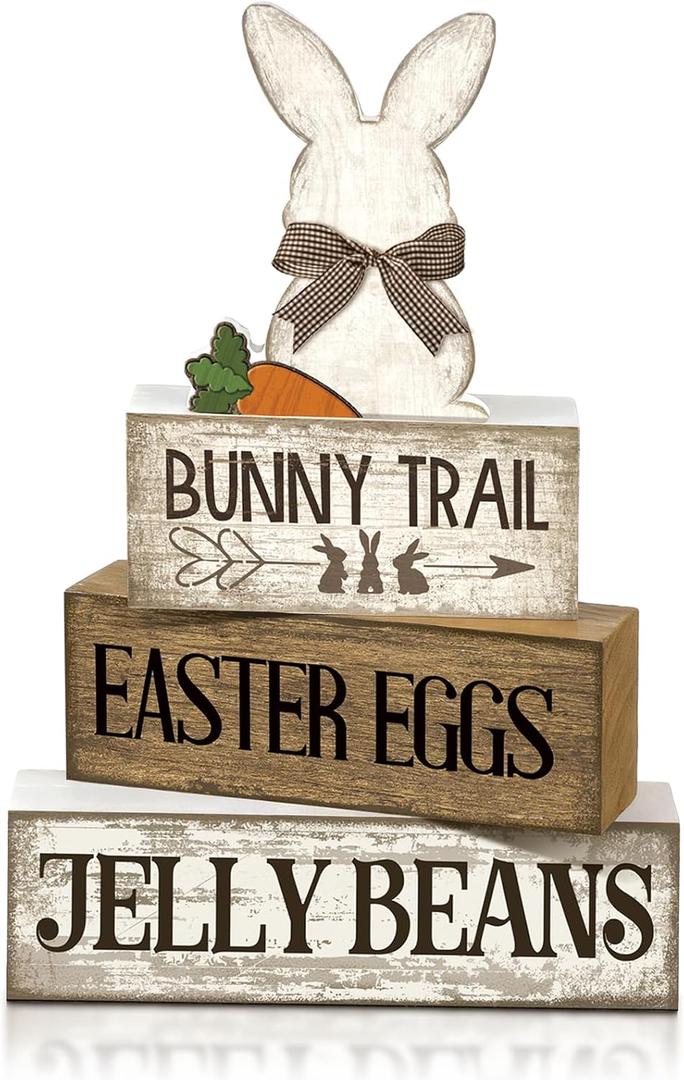 Lineshading 4 Pcs Easter Table Decoration Wooden Rabbit Easter Day Tiered Tray Decor Rustic Wooden Bunny Block Sign Gifts Cute Bunny Centerpiece Farmhouse Holy Week Party Decoration for Home Kitchen
