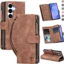 for Samsung Galaxy S25-FE-Wallet Case: with RFID Blocking Card Slots (6 Cards) | Soft PU Leather Magnetic Snap Zipper Pocket | Crossbody Wrist Strap Protective Phone Cover - Brown