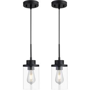 Modern Black Farmhouse Clear Glass Cylinder Pendant Light Fixture, Single Hanging Pendant Lighting for Kitchen Island, Dining Room, Foyer & Hallway, (2 Packs)