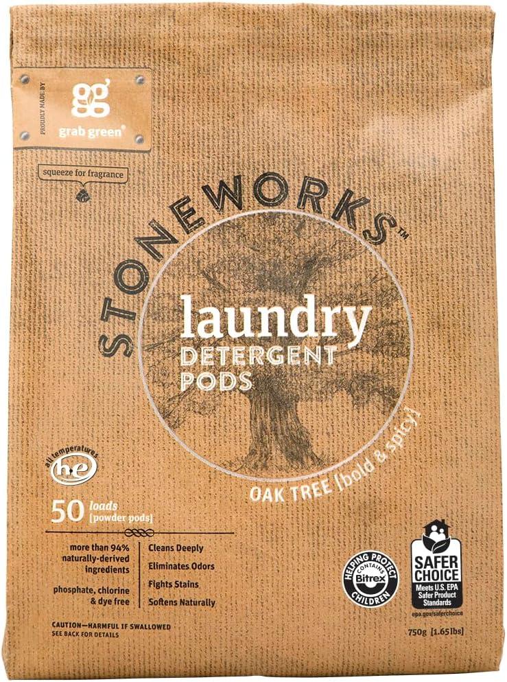 Grab Green Stoneworks Natural Laundry Detergent Powder Pods, Oak Tree, 50 Loads (50 Count (Pack of 1))