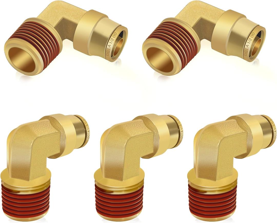 Siptenk 1/2" Elbow DOT Brass Push to Connect Air Line Fittings 5 PCS, 1/2" OD Tube x 1/2" NPT Thread Air Brake Line Quick Connect Fittings for Truck Trailers Industry Air System