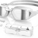 Greatever Sleek Swim Goggles Unisex-Adult, UV400 Protection Swimming Goggles, HD Wide View Goggles, Anti Fog No Leakage (G0-white/ Light Brown+electroplated Silver Lens)