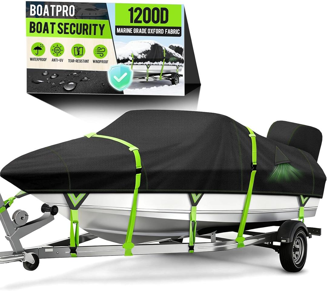Boatpro 1200D Waterproof Boat Cover with Motor Cover, Solution-Dye Marine Canvas Trailerable Boat Cover 14-15.8ft for 14 feet 15ft 16' Foot V-Hull Bass Boat Tri-Hull Runabout Boat,Deep Black, Length: 14'-16', Beam Width: up to 90"