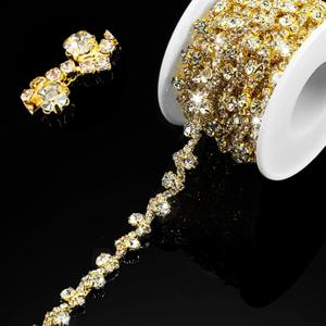Kigeli Bling Rhinestone Trim Crystal Chain Applique Rhinestone Applique Sewing Embellishments for DIY Dress Clothing Wedding Crafts Bridal Jewelry, 0.39 Inch Wide(6 Yards,Gold, White)