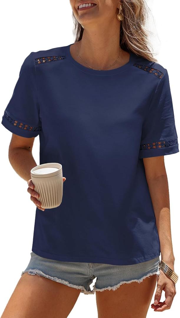 BLENCOT Womens Shirts Short Sleeve Business Tunic Summer Tops Spring Fashion Loose Eyelet Knitted Tee Shirts Going Out (L)