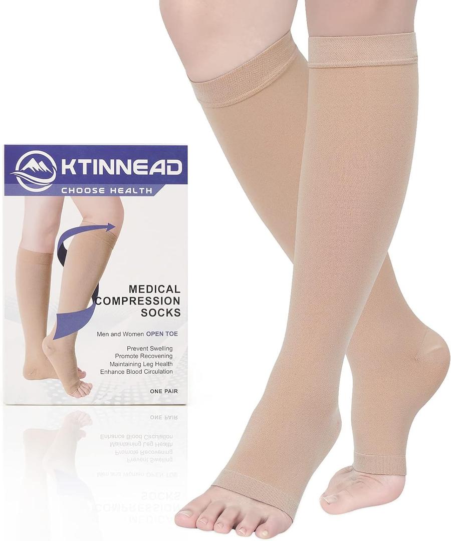 Ktinnead Compression Socks for Women and men 20-30 mmhg, Knee High Graduated Compression Stockings, Opaque, Open Toe, Unisex, Beige, XX-Large