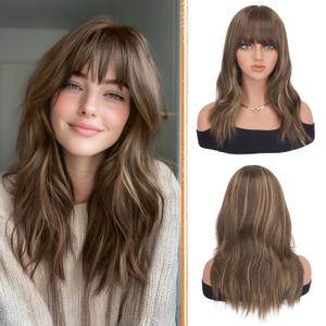 Haloo Brown Wigs with Bangs - 19 Inch Natural Wavy Synthetic Heat Resistant Medium Length Hair Wigs for Women Daily Party, Blonde Mixed Brown