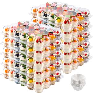 24 Count Cupcake Containers 15 Pack Cupcake Holders Plastic Clear Disposable Cupcake Containers with Detachable Tall Dome Lids and 360 Liners for 360 Cupcakes, BPA Free, Stand Size
