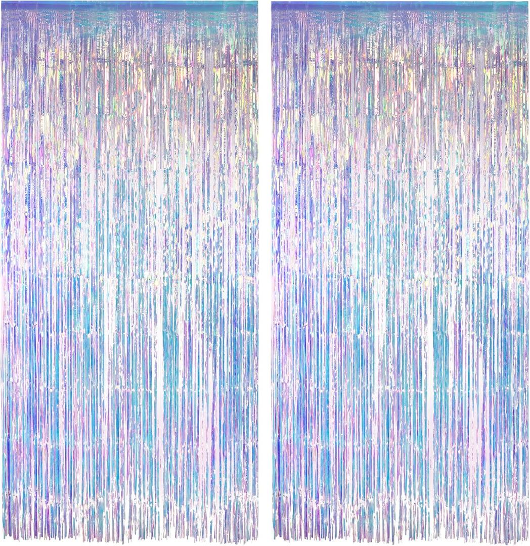 Iridescent Party Streamers Backdrop - GREATRIL Neon Transparent Holographic Tinsel Foil Fringe Curtain for Mermaid/ Frozen/ Sea/ Euphoria/ ERAS Party Theme Decorations 3.2ft x 6.5ft 2 PCS