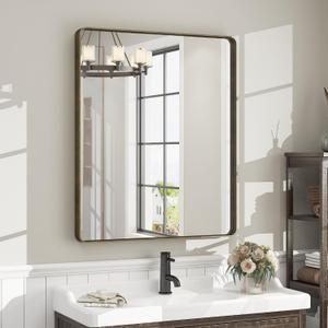 28x32 Bronze Bathroom Mirror, Brushed Metal Bathroom Vanity Mirrors for Wall, Rounded Corner Bronze Rectangle Mirror for Farmhouse, Bedroom, Anti-Rust (Horizontal/Vertical)