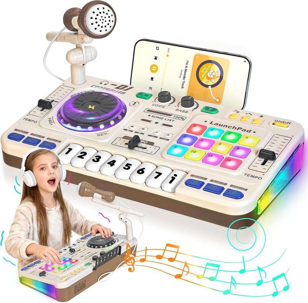 Toddler DJ Mixing Table, Kids Mixer Board with Turntable, Game Mode and Microphone, Gift for 3 4 5 6 Years Old Boys Girls - Baby DJ Set (White)