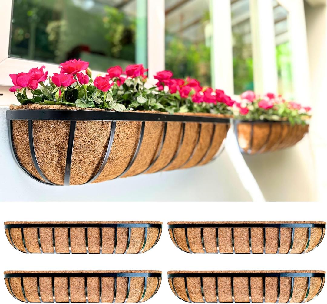 LaLaGreen Deck Railing Planter Boxes - 4 Pack, 36 Inch Long Window Flower Box Attach to House, Wall Planters for Outdoor Plants with Coco Liners English Horse Trough Fence Balcony Garden Porch Rail (36" (91cm) x 4 pack)