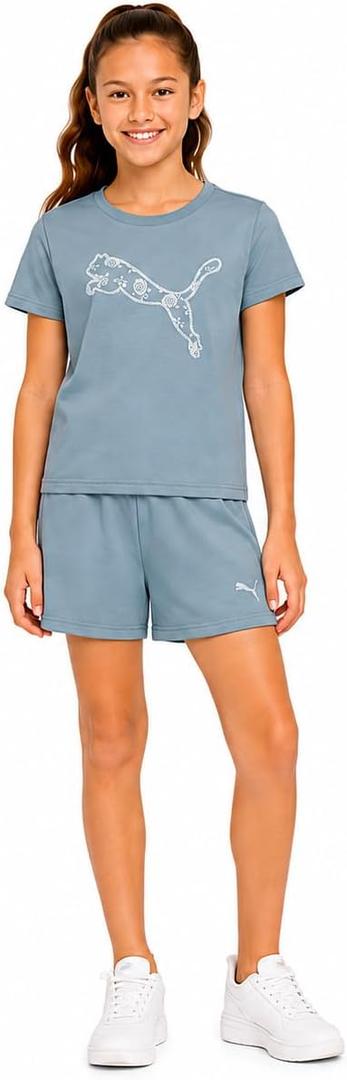 PUMA Girls Athletic Shorts Set - 2 Piece Active Performance TShirt and Gym Bike Kids Shorts Girls Activewear Set (12-14)