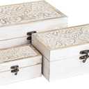 MODE HOME 3 Piece Tree of Life Carved Wooden Keepsake Boxes with Lids, Decorative Storage Boxes for Home decor, Trinket Box for Jewelry and Memorabilia (Whitewashed)