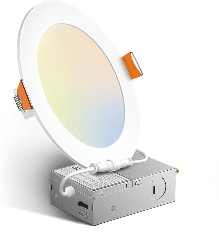 1 Pack 6 Inch 5CCT Ultra-Thin LED Recessed Ceiling Light with Junction Box, 2700K/3000K/3500K/4000K/5000K Selectable, 12W Eqv 110W 1050LM Brightness Dimmable Canless Wafer Downlight, ETL & FCC