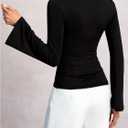 Women's Sparkly Rhinestone V Neck T Shirt Bell Long Sleeve Fitted Going Out Tops (Black, L)