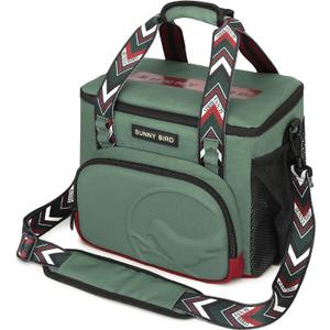 SUNNY BIRD 12L Large Insulated Lunch Bag, Foldable Lunch Cooler Box for Women Adult and Men, Fits 18 Cans (Green with Boho Strap)